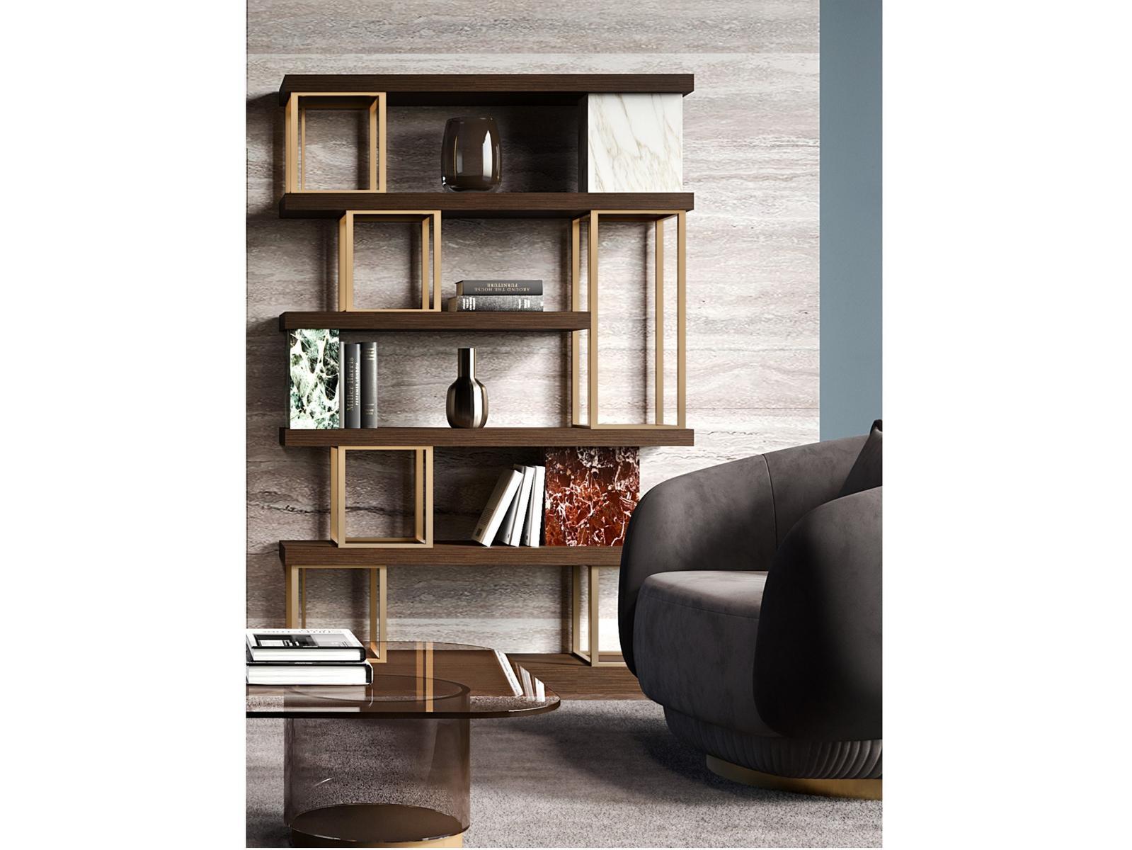 AIDA Wall-mounted double-sided wooden, marble and metal bookcase