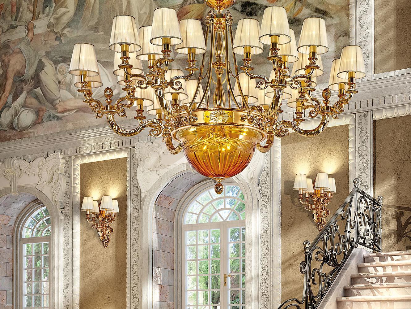 AMBER 431/24+6 Shaded gold plated chandelier with amber crystal and shades