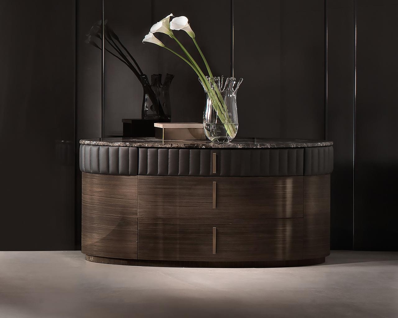 DOUBLE C Rounded nabuk bedside table with drawers