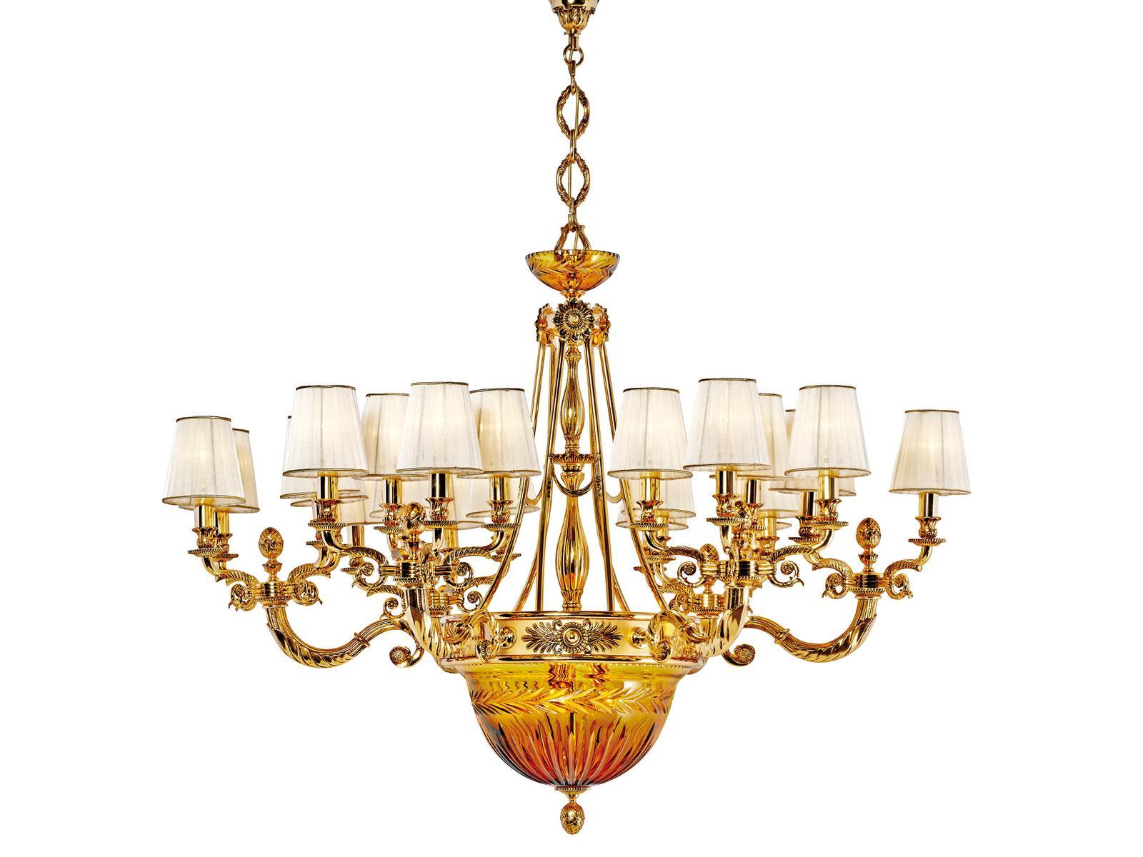 AMBER 431/24+6 Shaded gold plated chandelier with amber crystal and shades