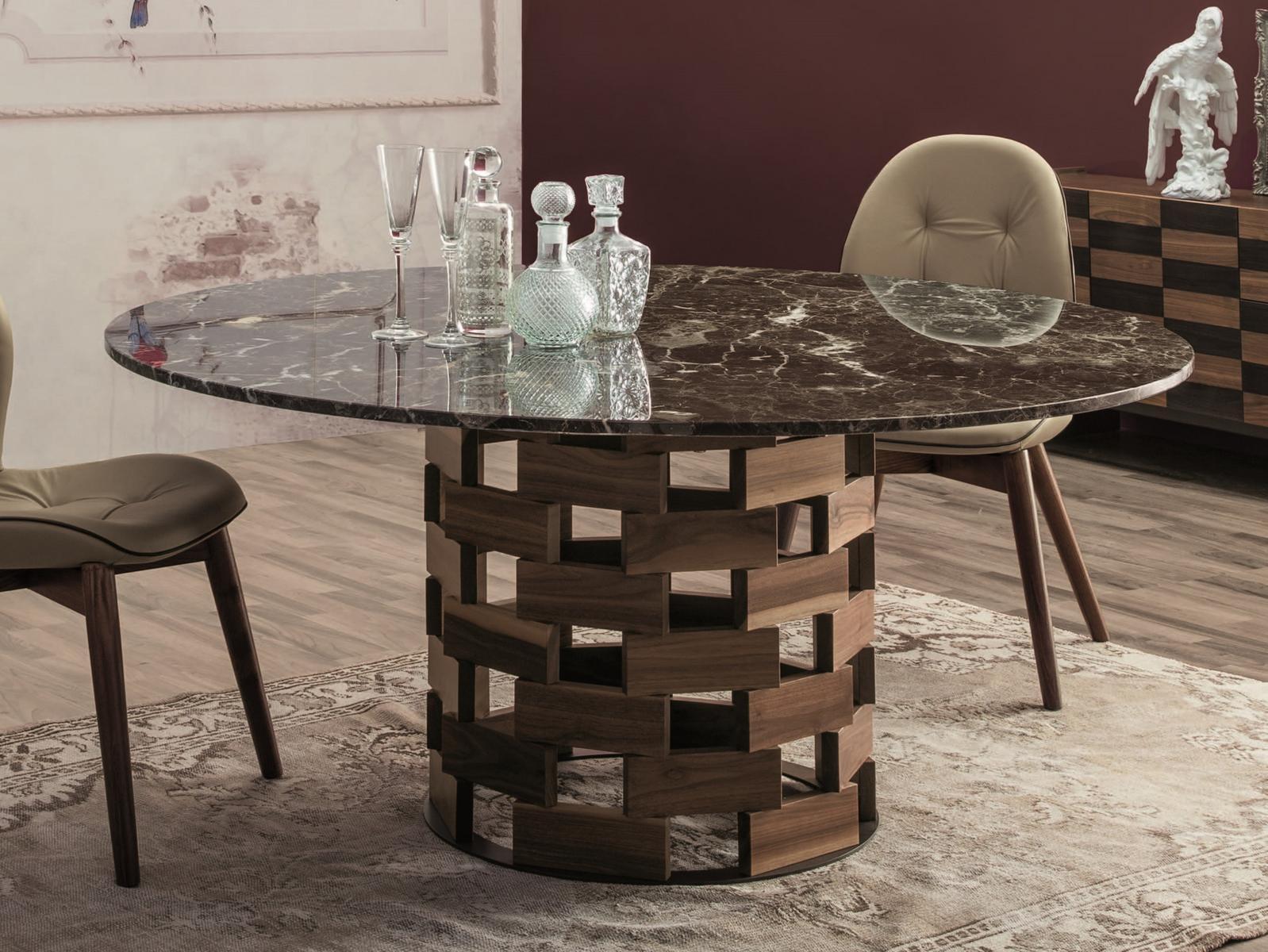 COLOSSEO Round Dark Emperador marble table with walnut base