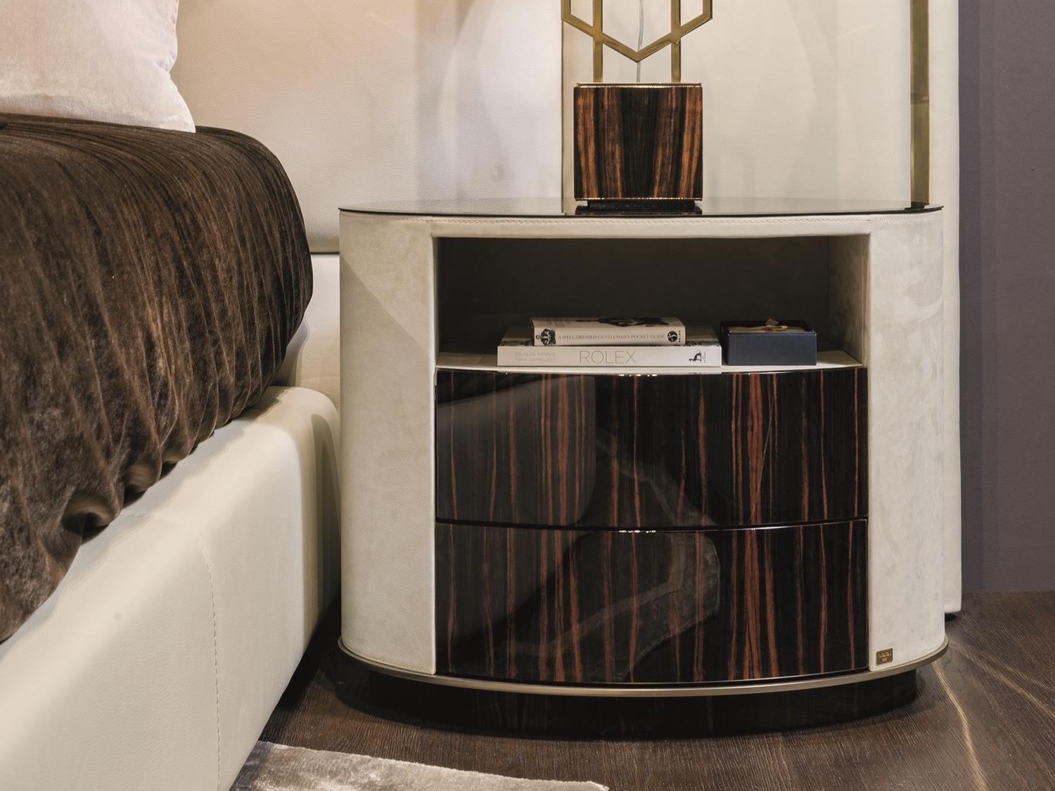 ELISE Round leather bedside table with drawers
