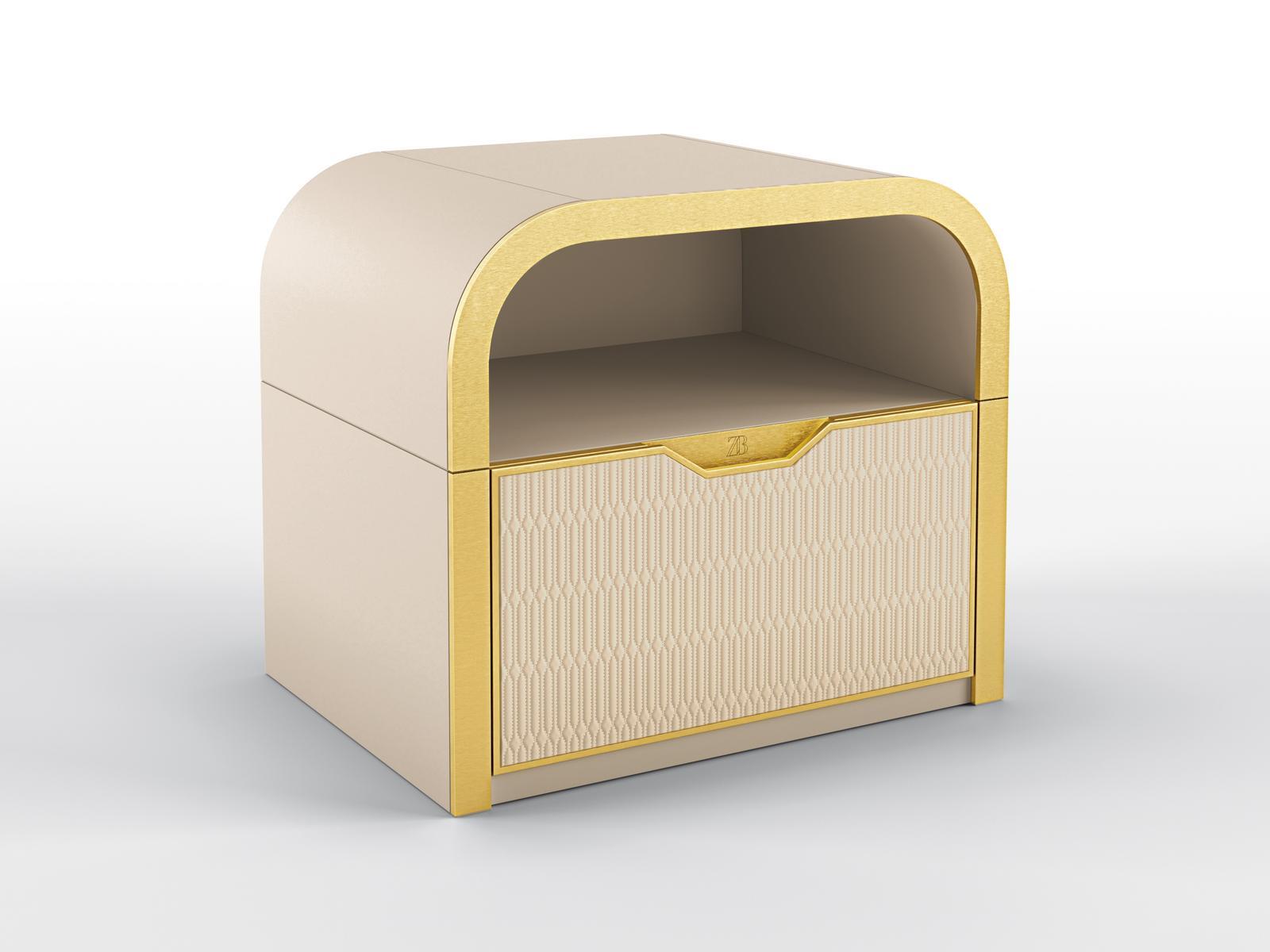 OCEAN II Lacquered bedside table with drawer front covered in leathe