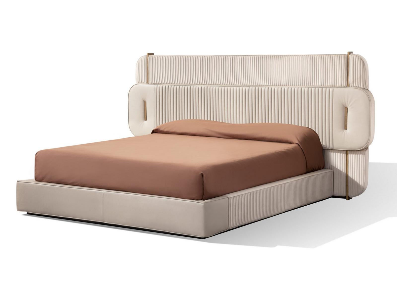 PAPILLON Upholstered leather and velvet bed with high headboard