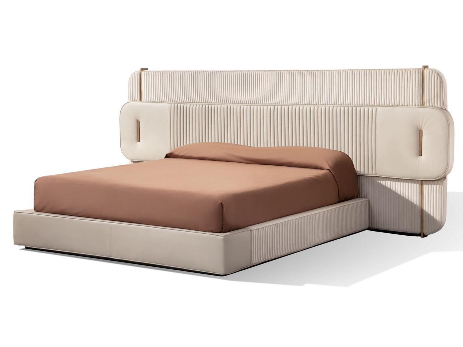 PAPILLON Upholstered leather and velvet bed with high headboard