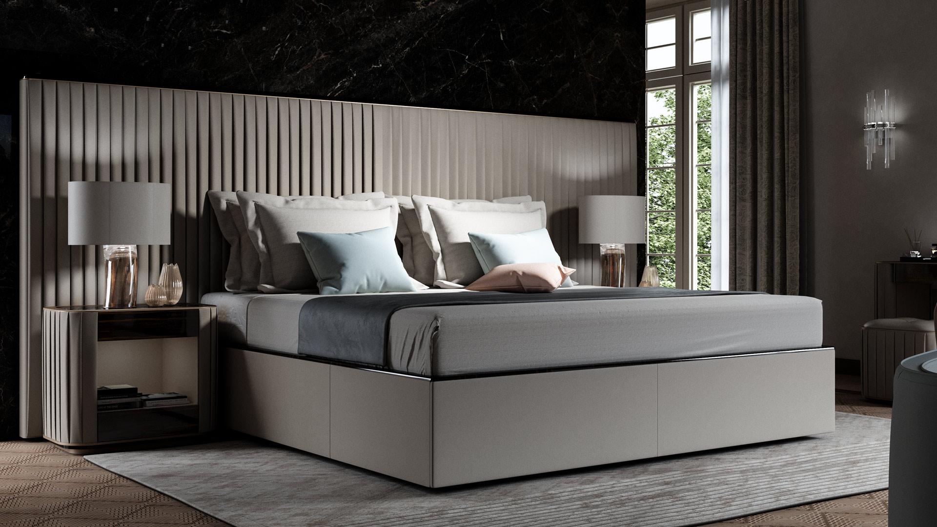 PLISSÈ Leather double bed with upholstered headboard
