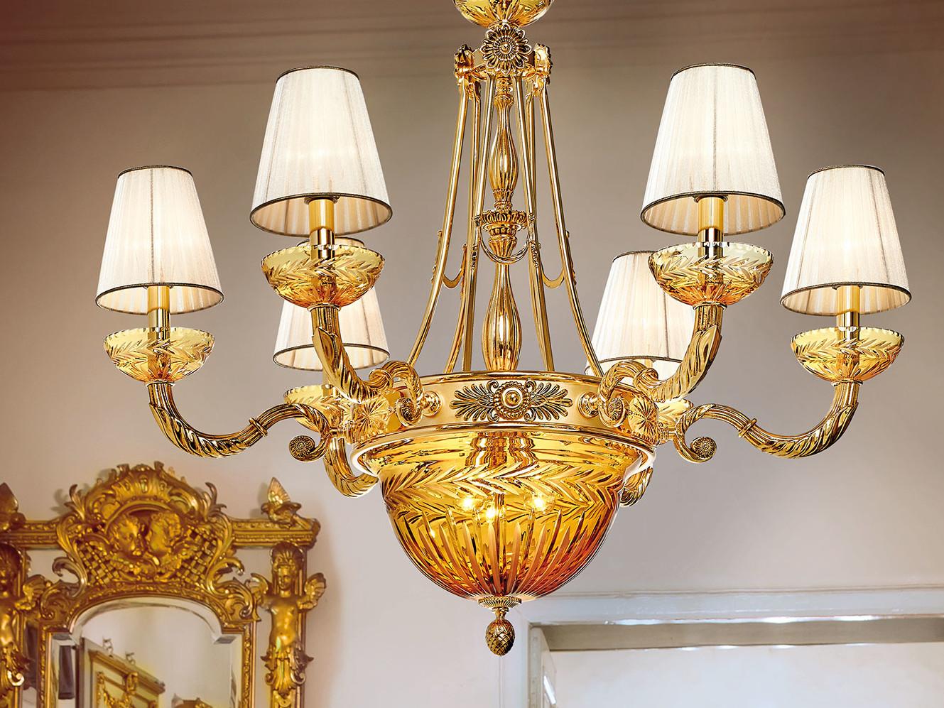 AMBER 431/6+6 Shaded gold plated chandelier with amber crystal and shades