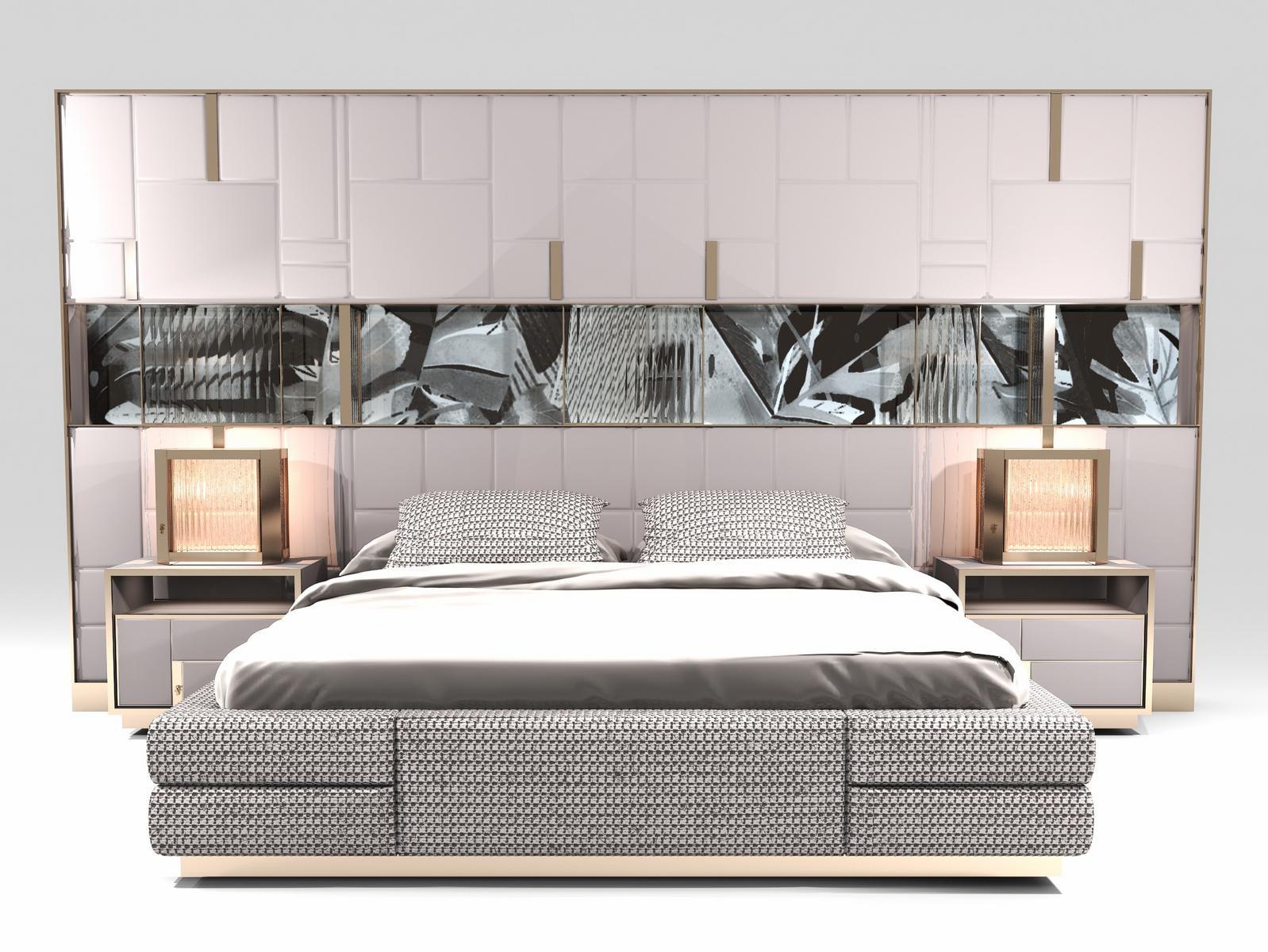 BELOVED ART Glass and steel bed with upholstered headboard