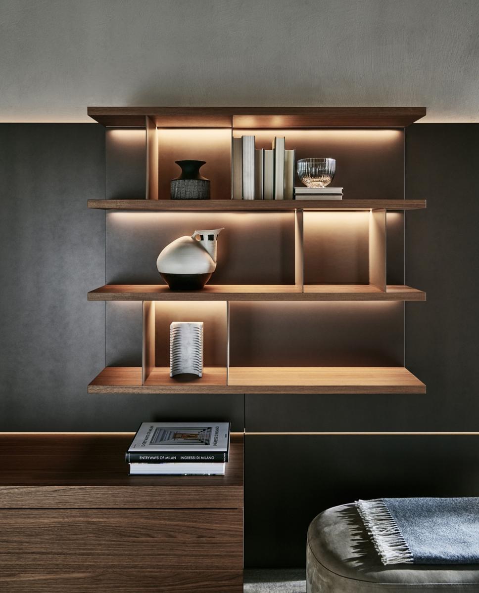 GRID Sectional wooden storage wall with integrated lighting