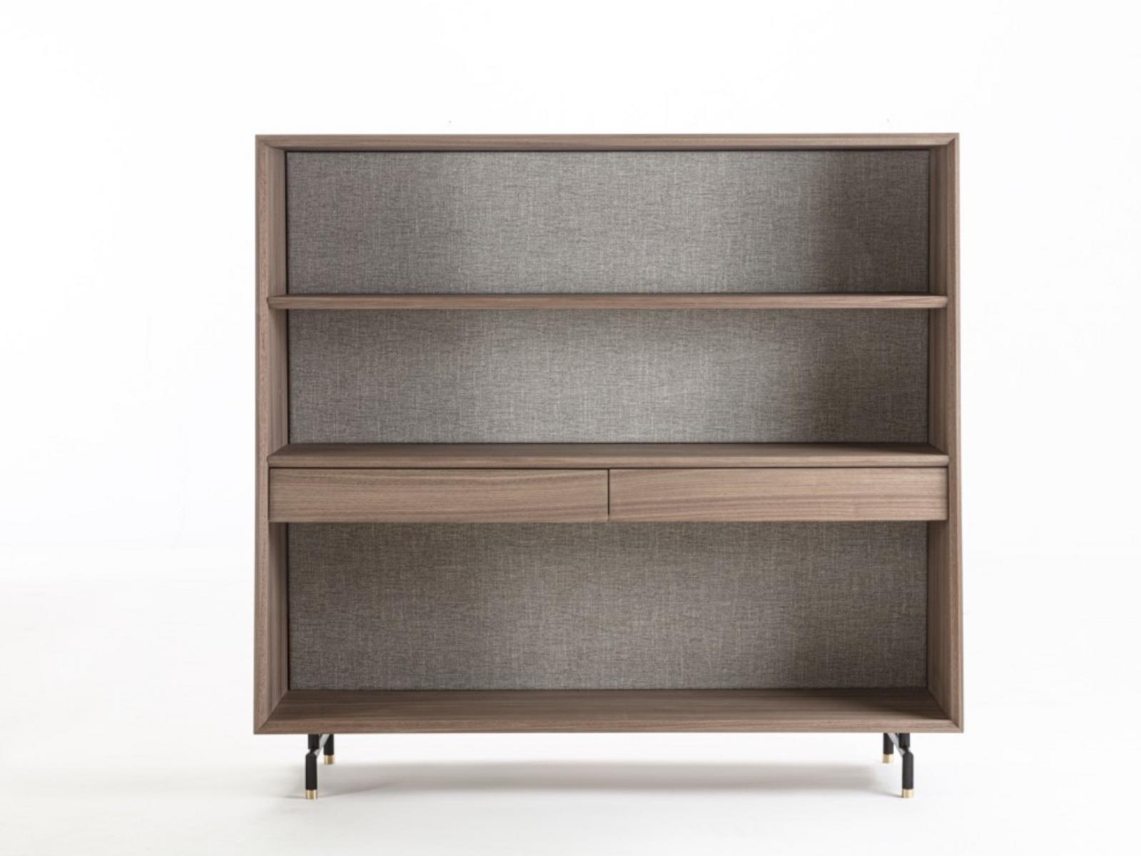 ANALOG Freestanding walnut and fabric bookcase with drawers