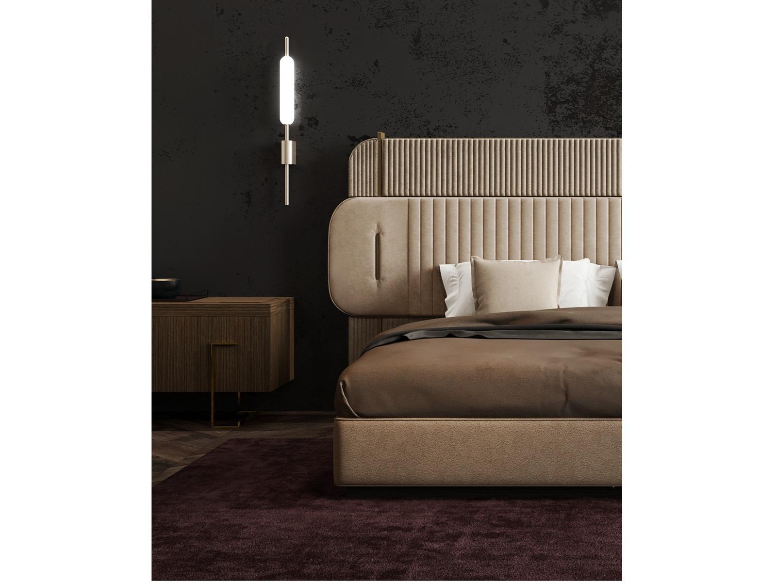 PAPILLON Upholstered leather and velvet bed with high headboard