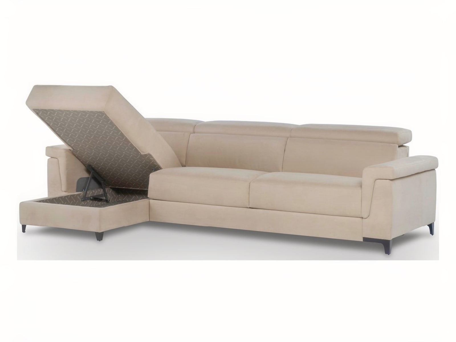ECLETTICO Modular sofa with customizable armrests, combines a bed, recliner, and chaise-longue for versatile living and relaxation, in a minimalist design that suits any decor.