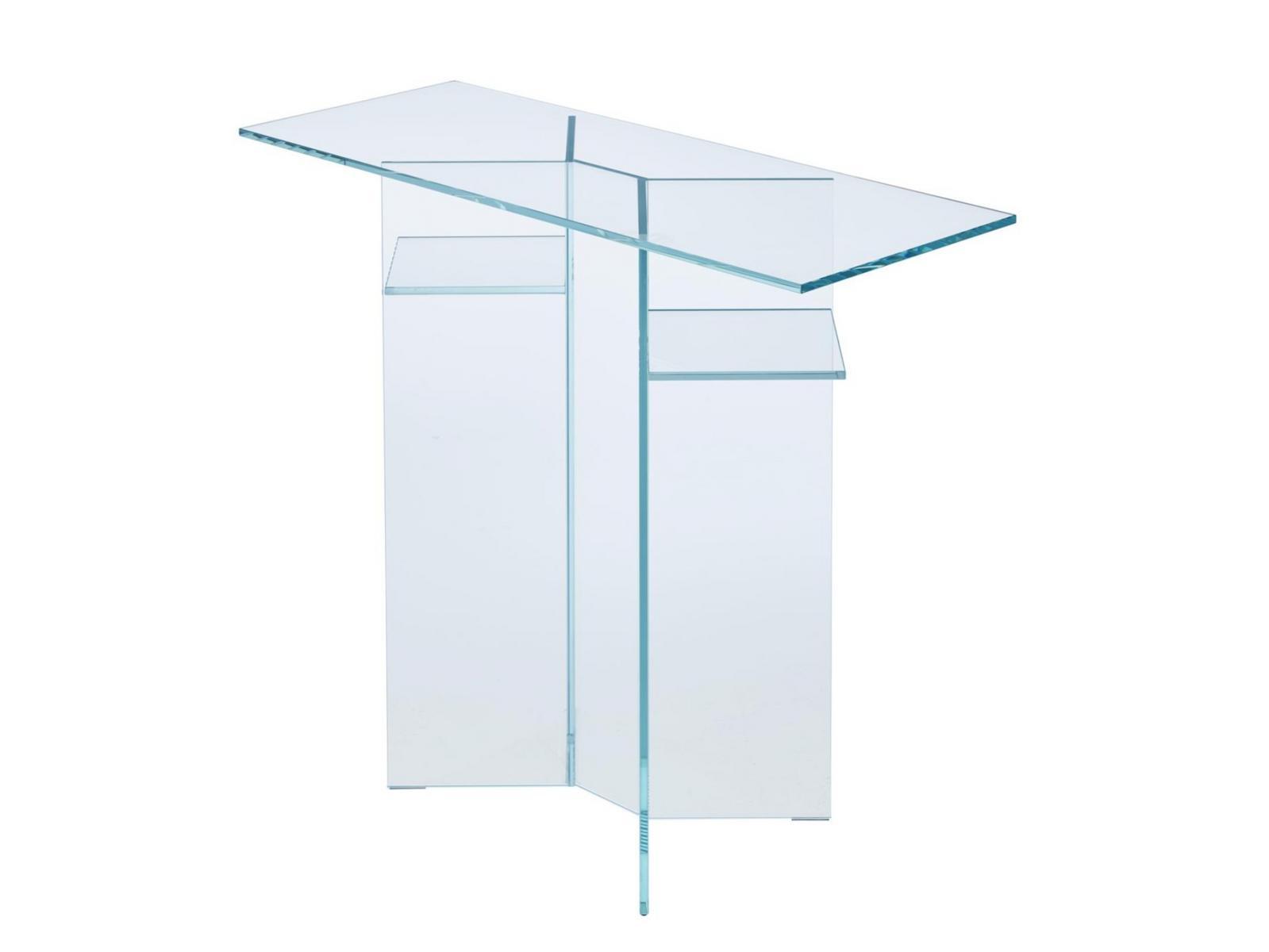 SONATE Rectangular tempered glass console table with shelving