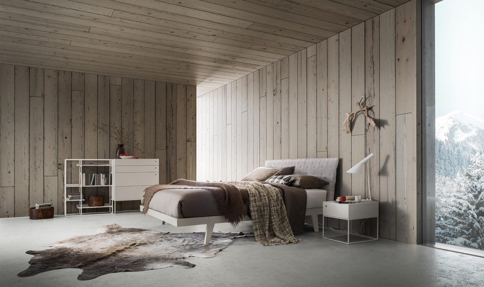 TEO Wood bed with upholstered headboard