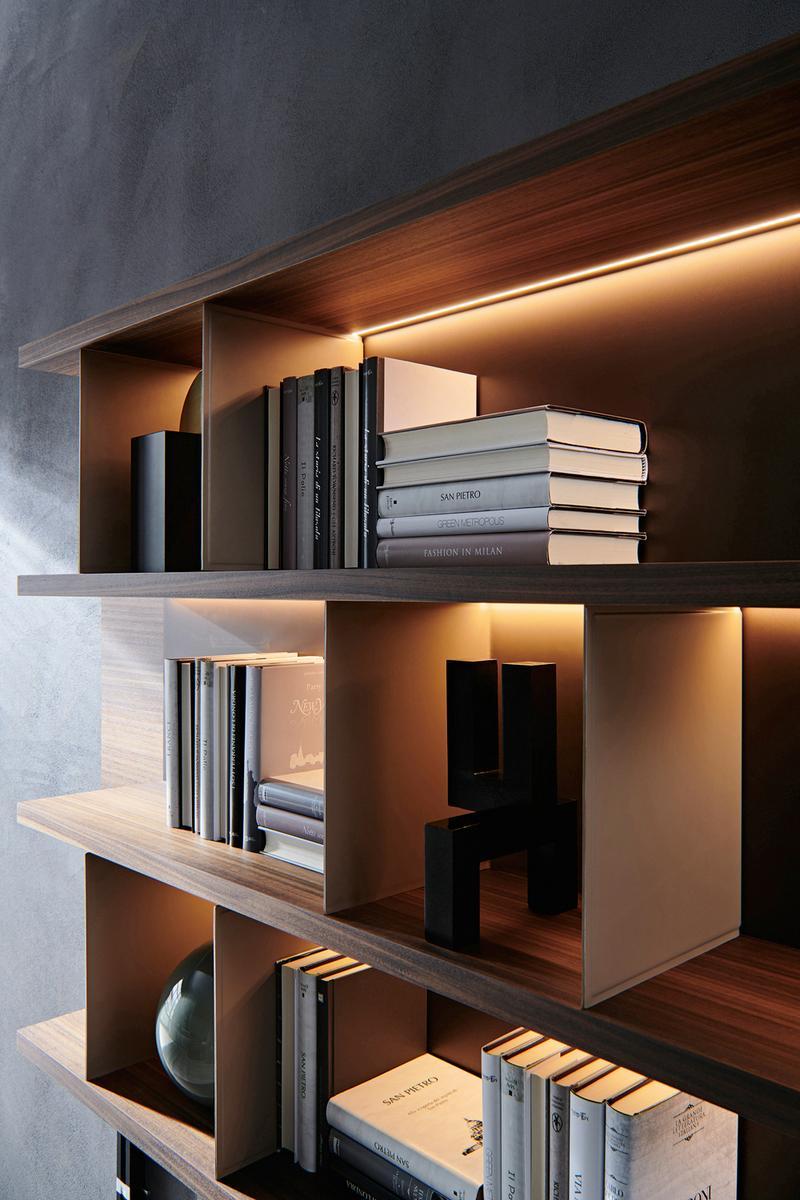 GRID Sectional wooden storage wall with integrated lighting