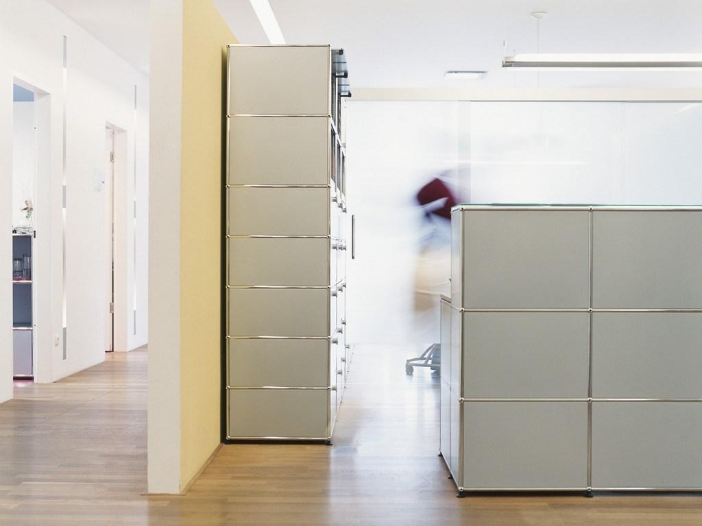 HALLER CREDENZA AS OFFICE STORAGE Low modular metal office storage unit