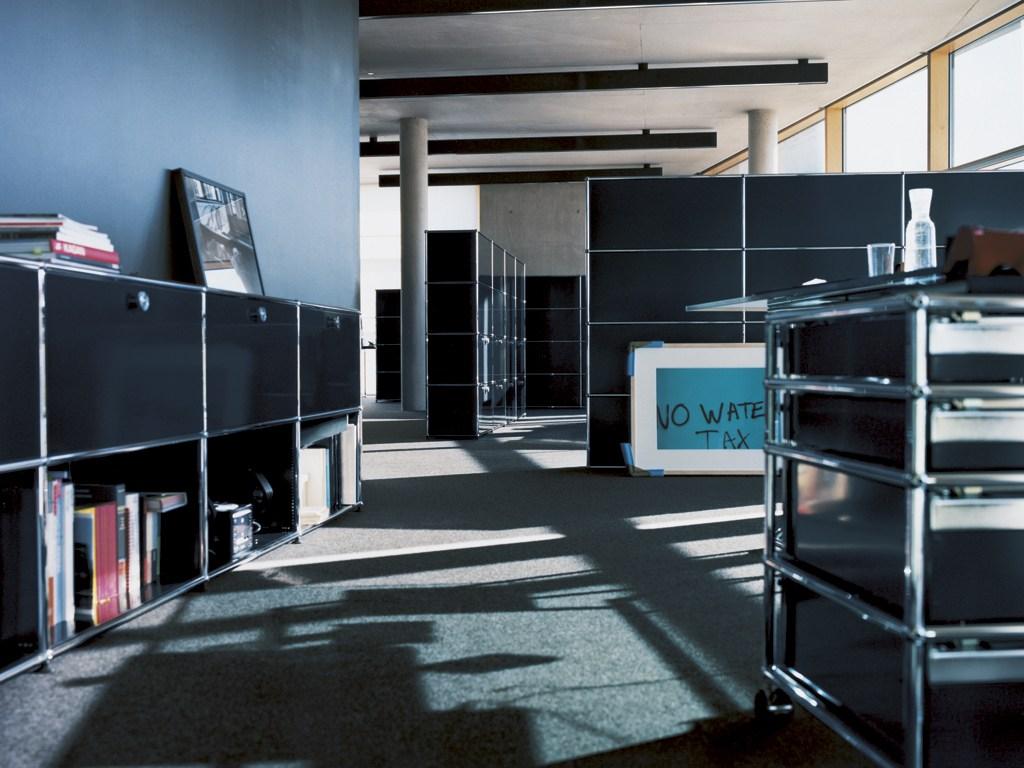 HALLER CREDENZA AS OFFICE STORAGE Low modular metal office storage unit