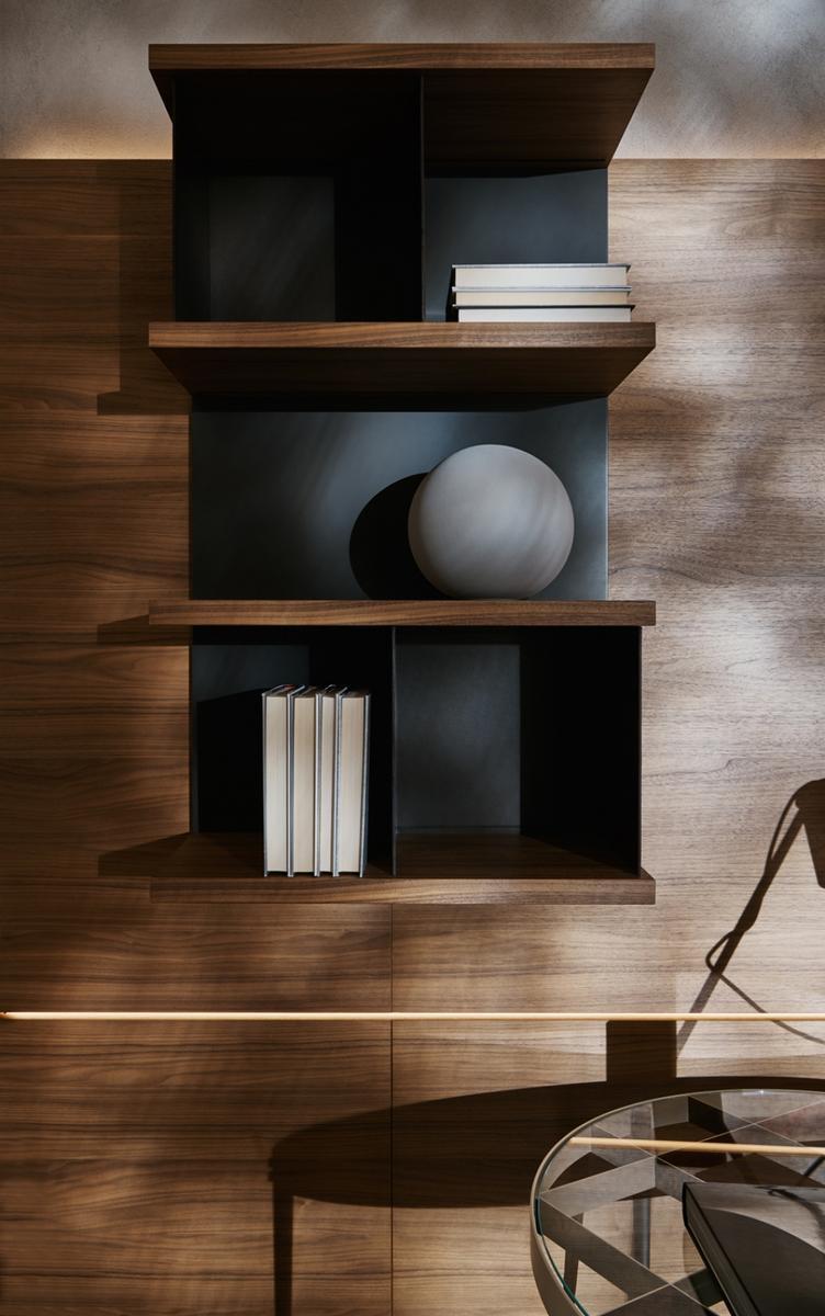 GRID Sectional wooden storage wall with integrated lighting