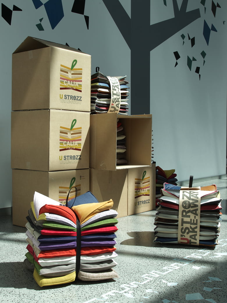 U’STROZZ Calia Italia's eco-sustainable U'Strozz footstools offer unique craftsmanship and adaptability, merging comfort with ecological awareness through upcycled materials.