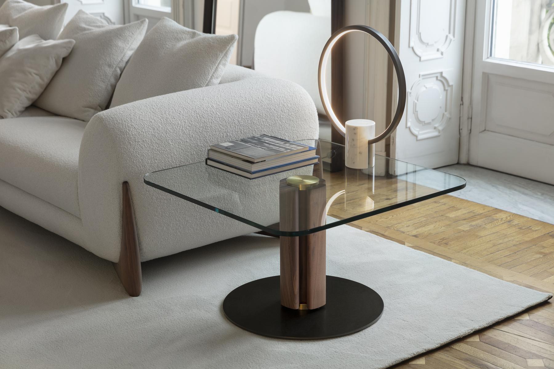 QUADRIFOGLIO Square crystal coffee table and base in canaletta walnut