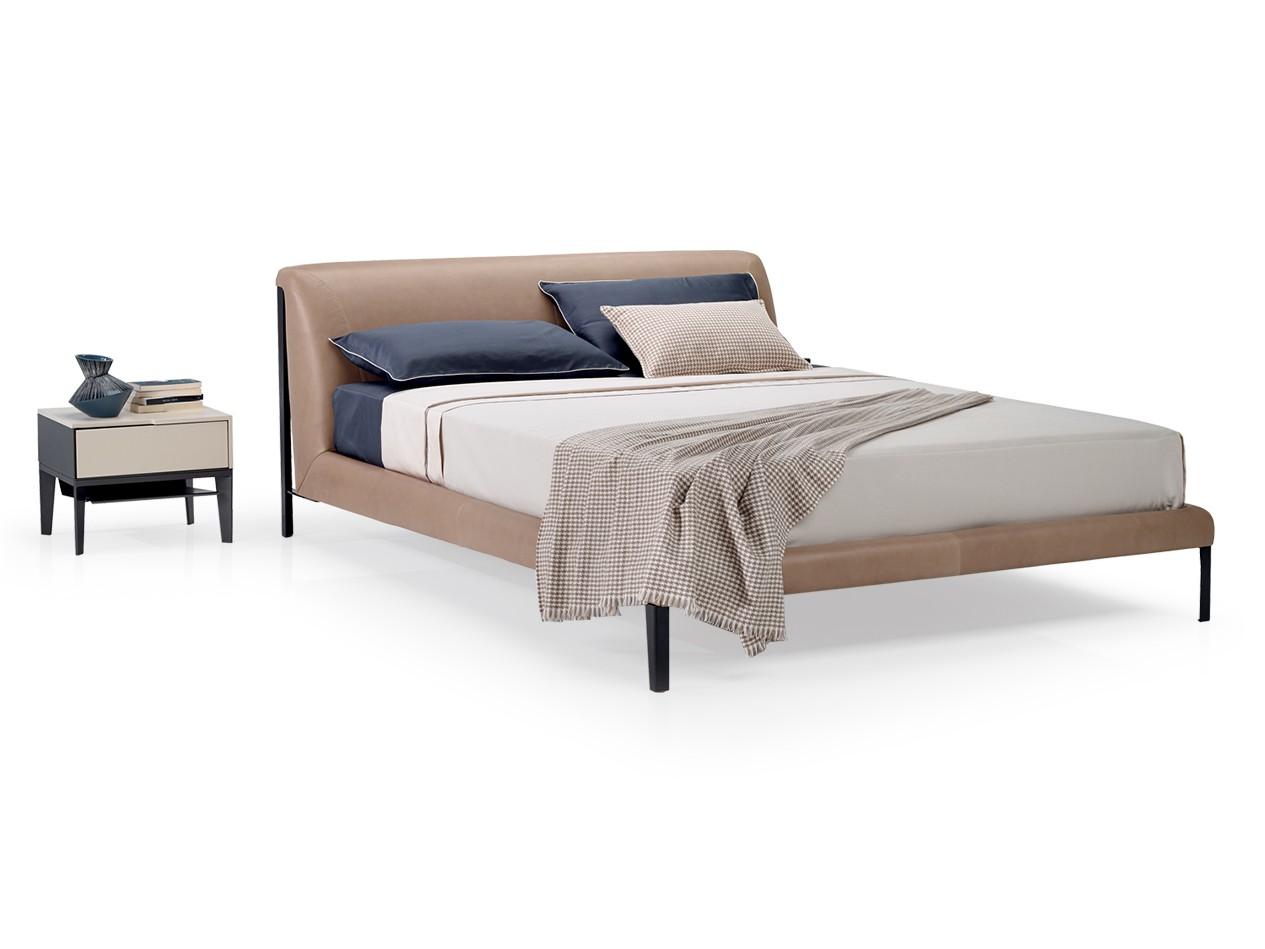 DIAMANTE Leather double bed with upholstered headboard