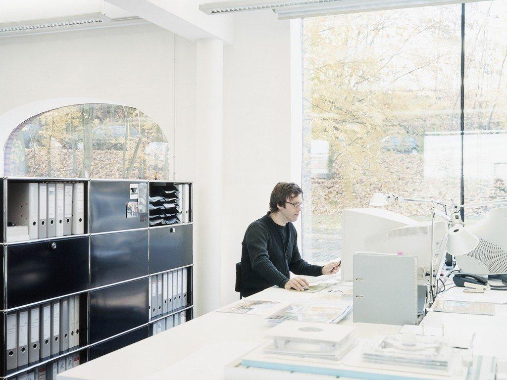 HALLER CREDENZA AS OFFICE STORAGE Low modular metal office storage unit