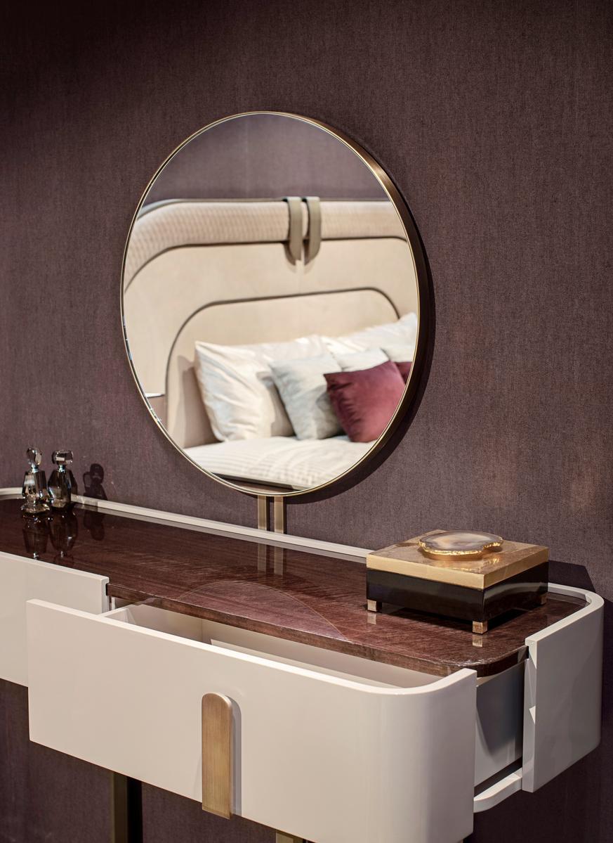 TRILOGY T Round framed leather mirror