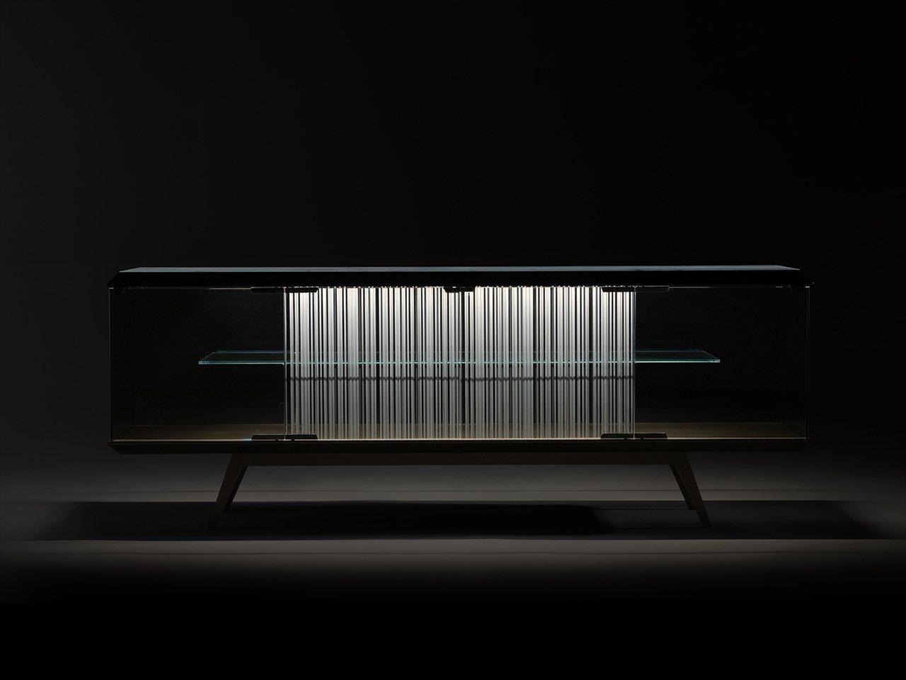LONDON Glass sideboard with doors with integrated lighting