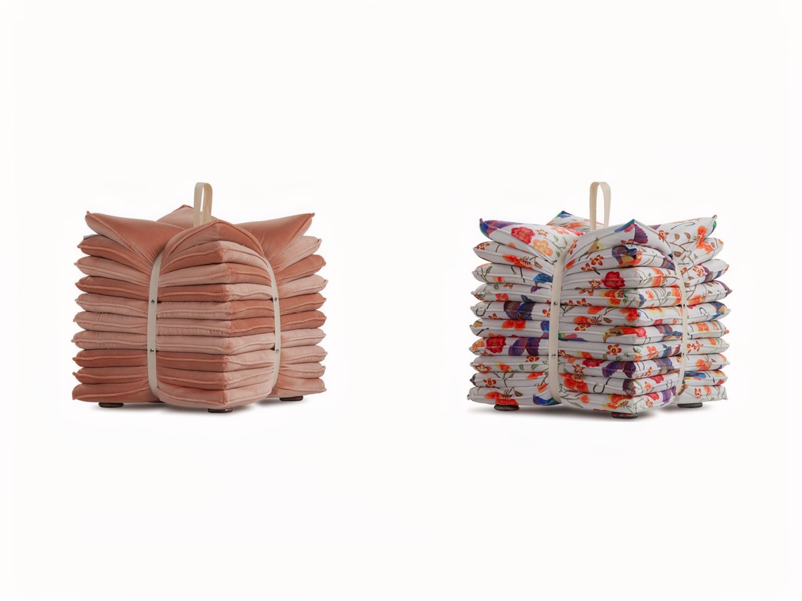 U’STROZZ Calia Italia's eco-sustainable U'Strozz footstools offer unique craftsmanship and adaptability, merging comfort with ecological awareness through upcycled materials.