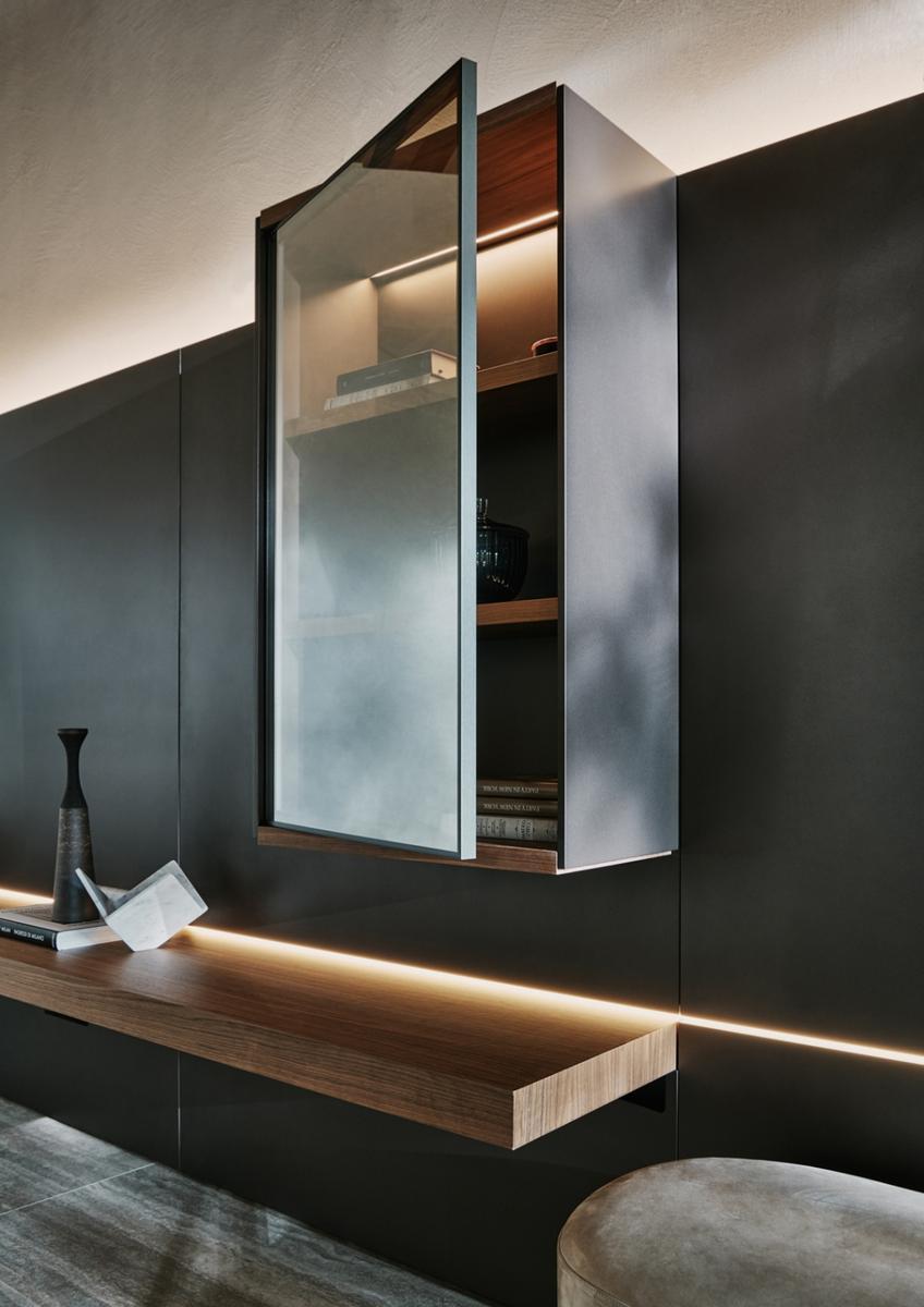 GRID Sectional wooden storage wall with integrated lighting