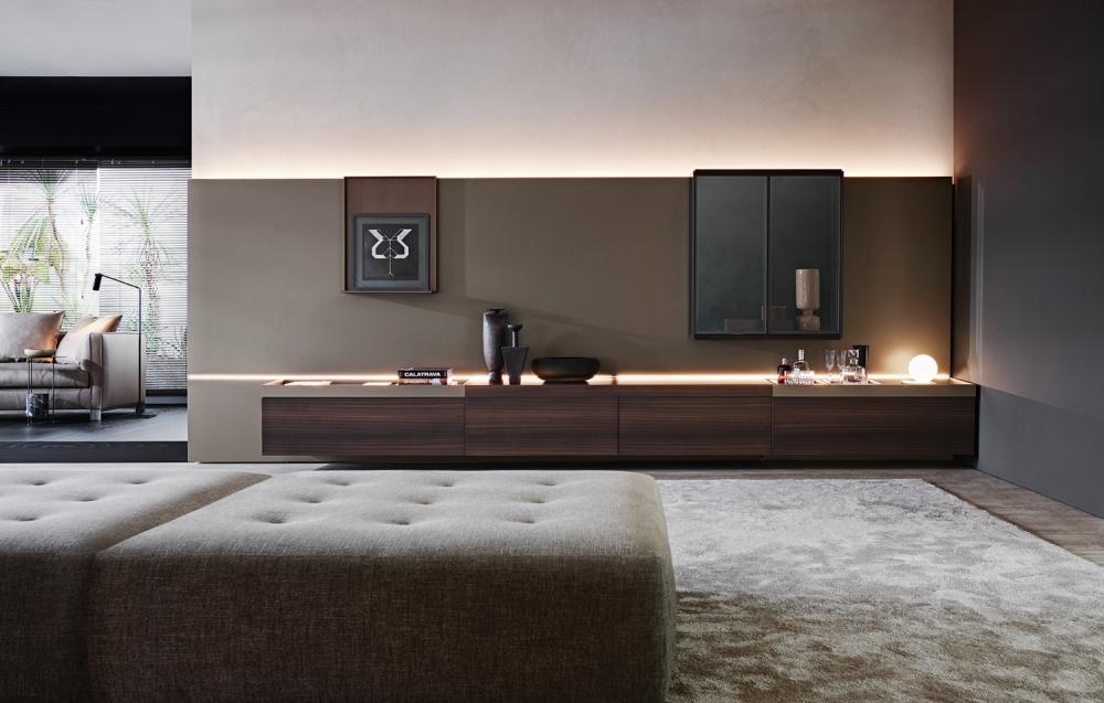 GRID Sectional wooden storage wall with integrated lighting