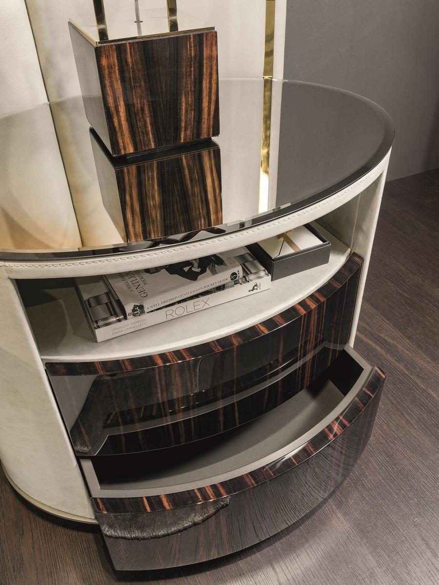 ELISE Round leather bedside table with drawers