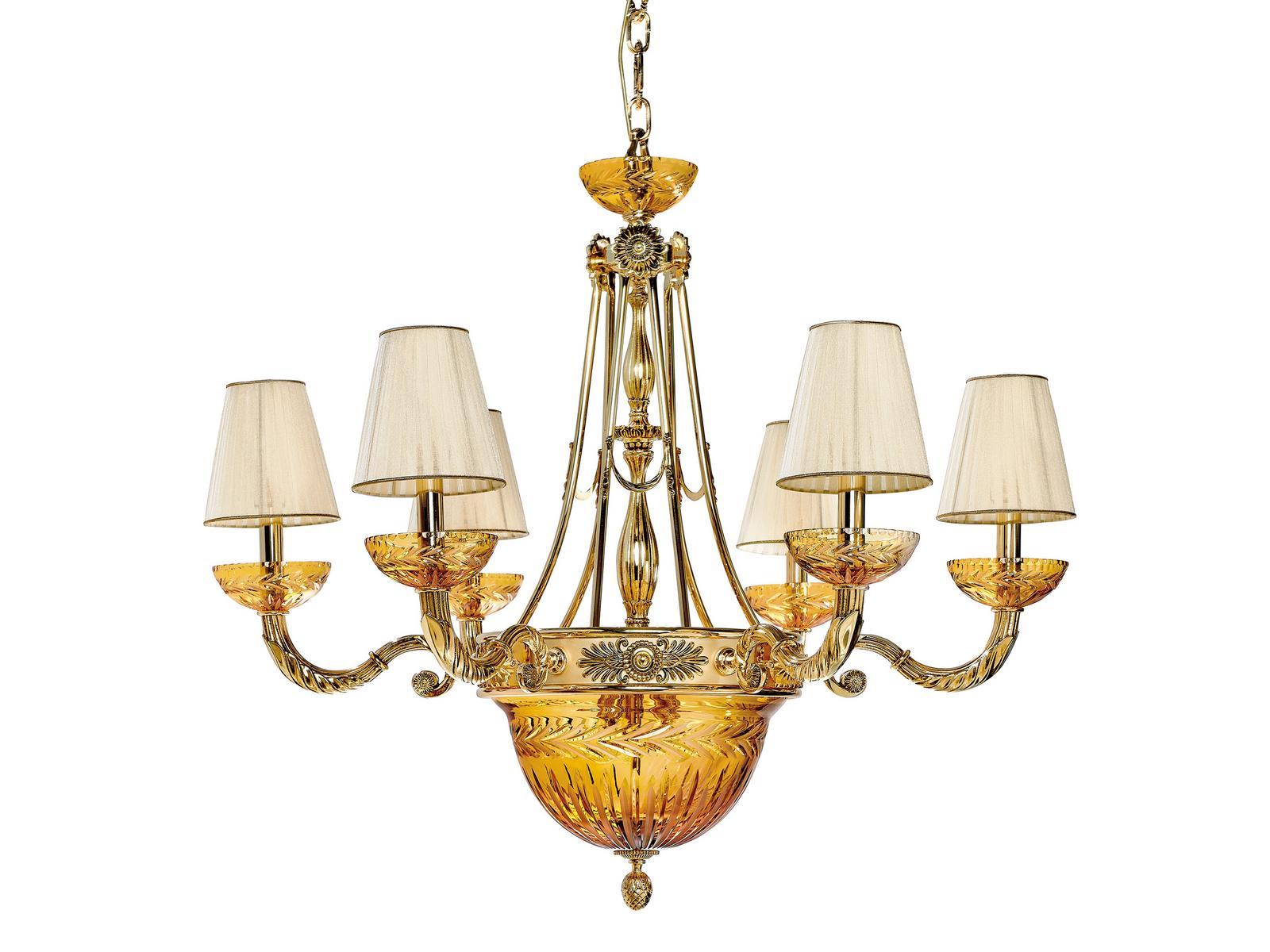 AMBER 431/6+6 Shaded gold plated chandelier with amber crystal and shades