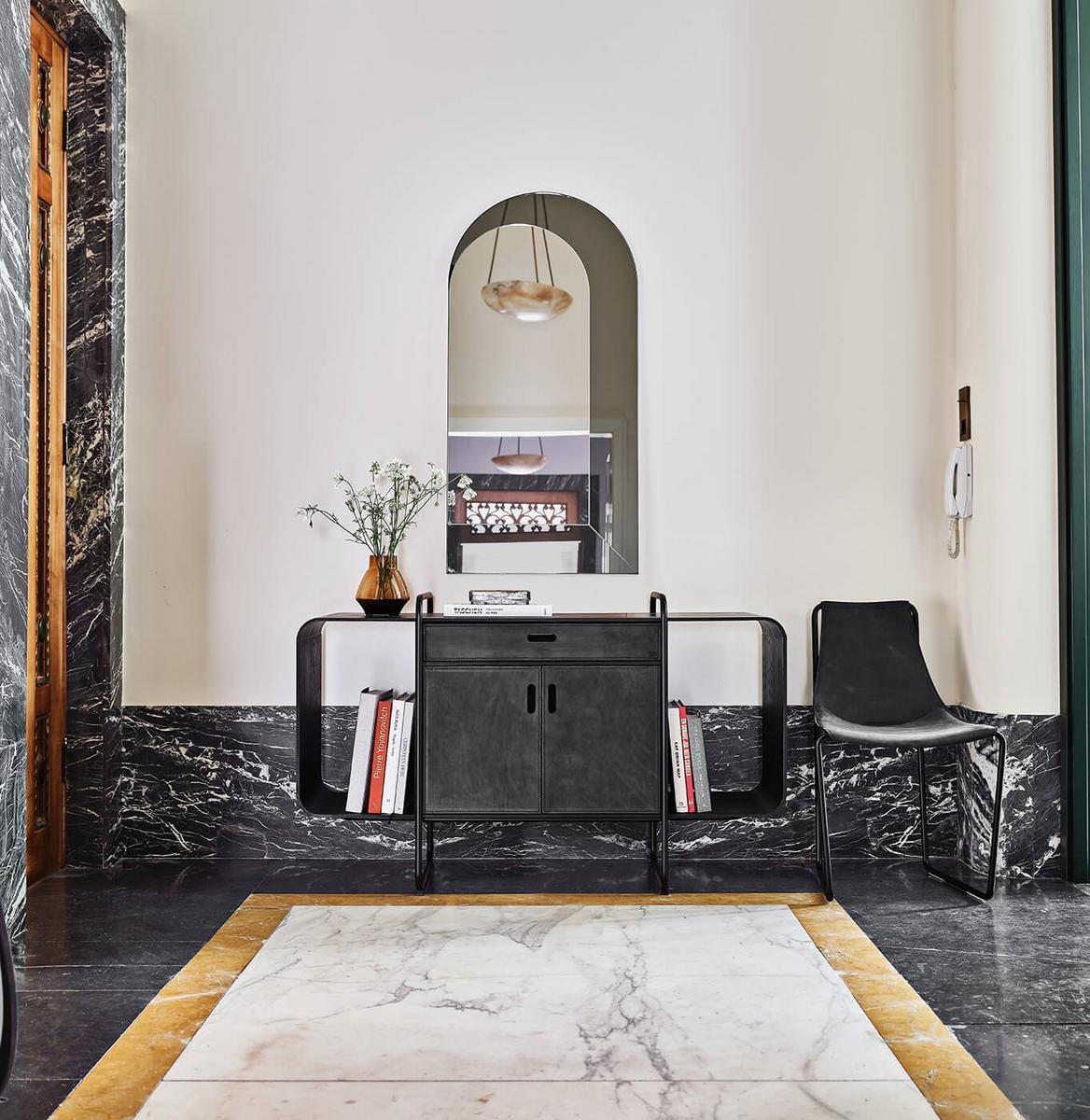 APELLE Sideboard in wood with flap doors covered in leather