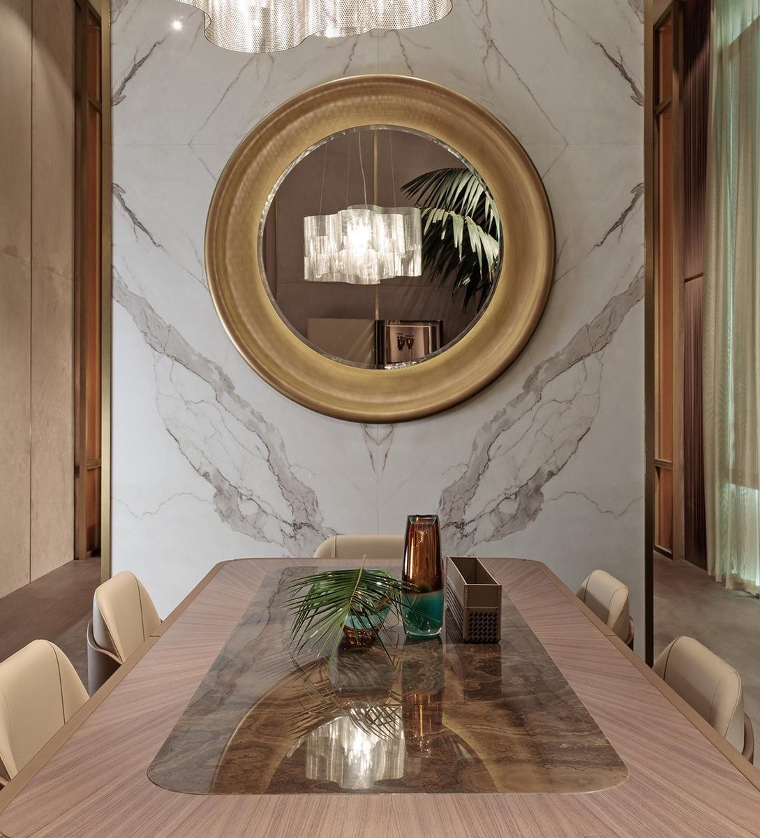 MELTING LIGHT Round framed wooden mirror