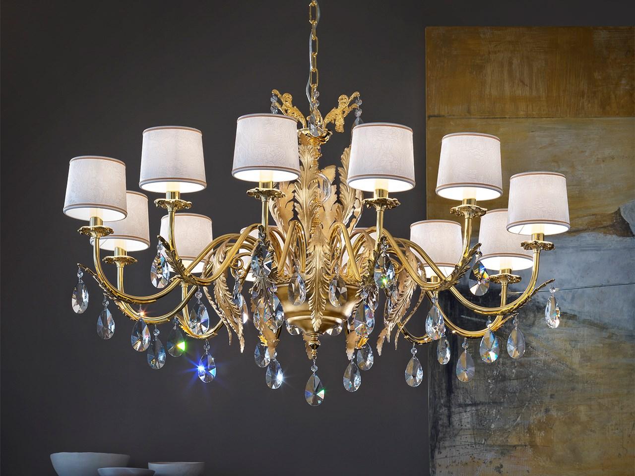 ACANTIA 12 Direct light gold leaf chandelier with crystals