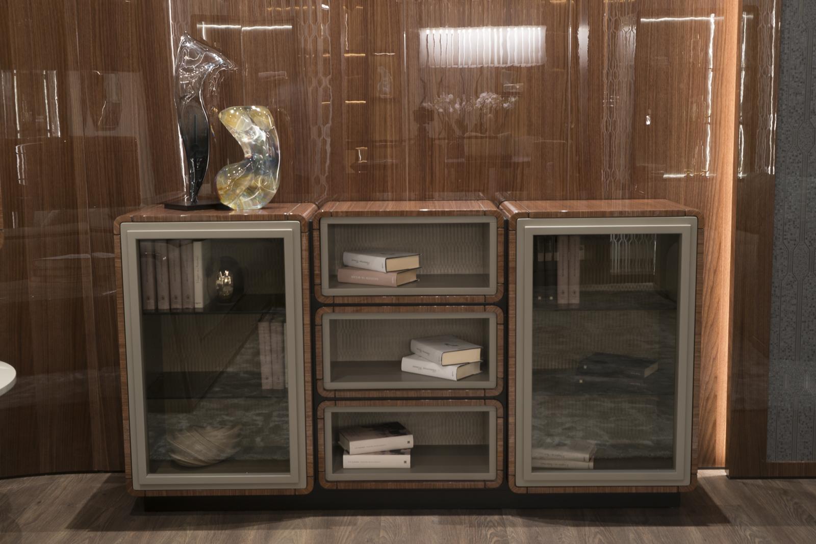 DEDALO Modular sideboard in walnut with glass hinged door