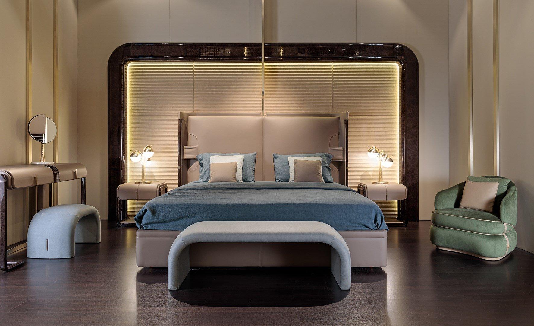 ECLIPSE Leather double bed with upholstered headboard