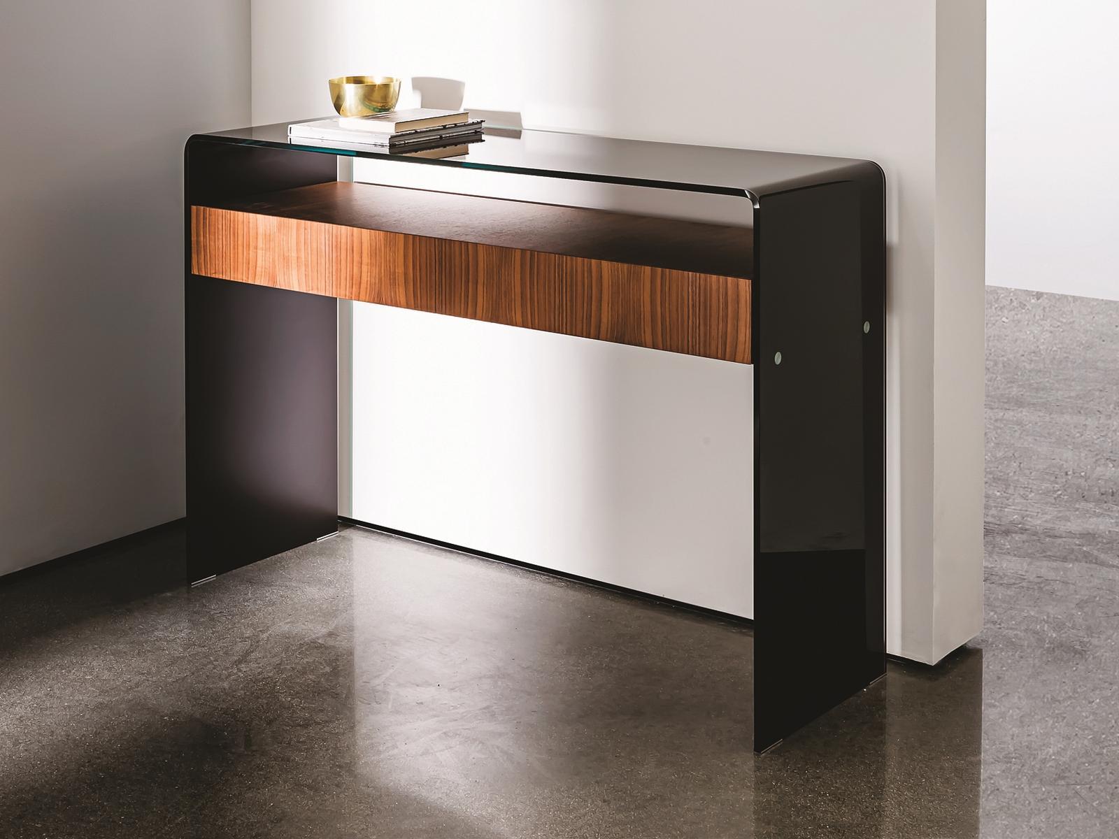 BRIDGE Rectangular glass console table with drawers