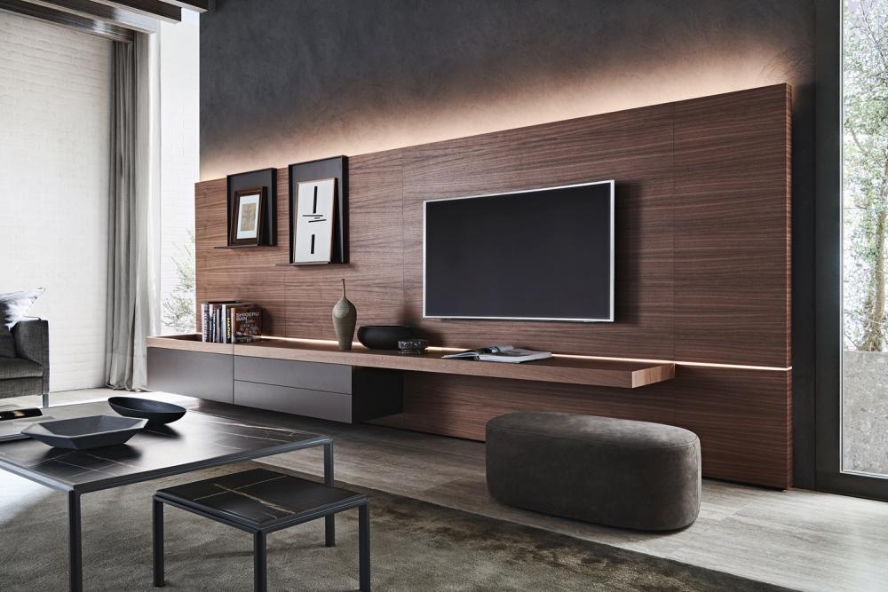 GRID Sectional wooden storage wall with integrated lighting
