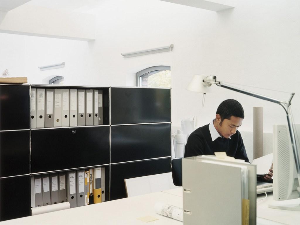HALLER CREDENZA AS OFFICE STORAGE Low modular metal office storage unit