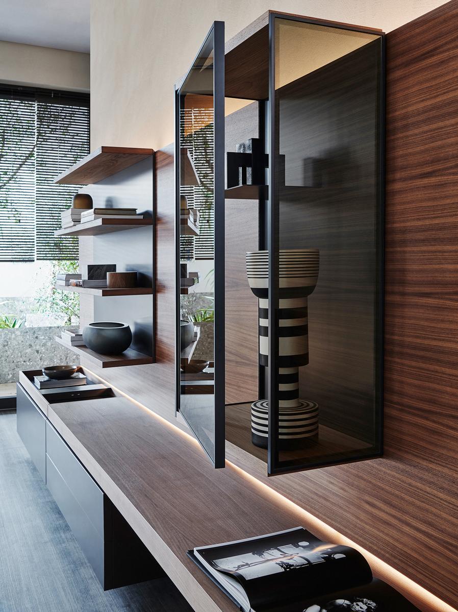 GRID Sectional wooden storage wall with integrated lighting
