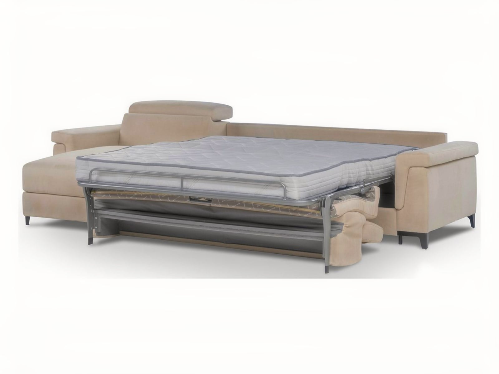 ECLETTICO Modular sofa with customizable armrests, combines a bed, recliner, and chaise-longue for versatile living and relaxation, in a minimalist design that suits any decor.