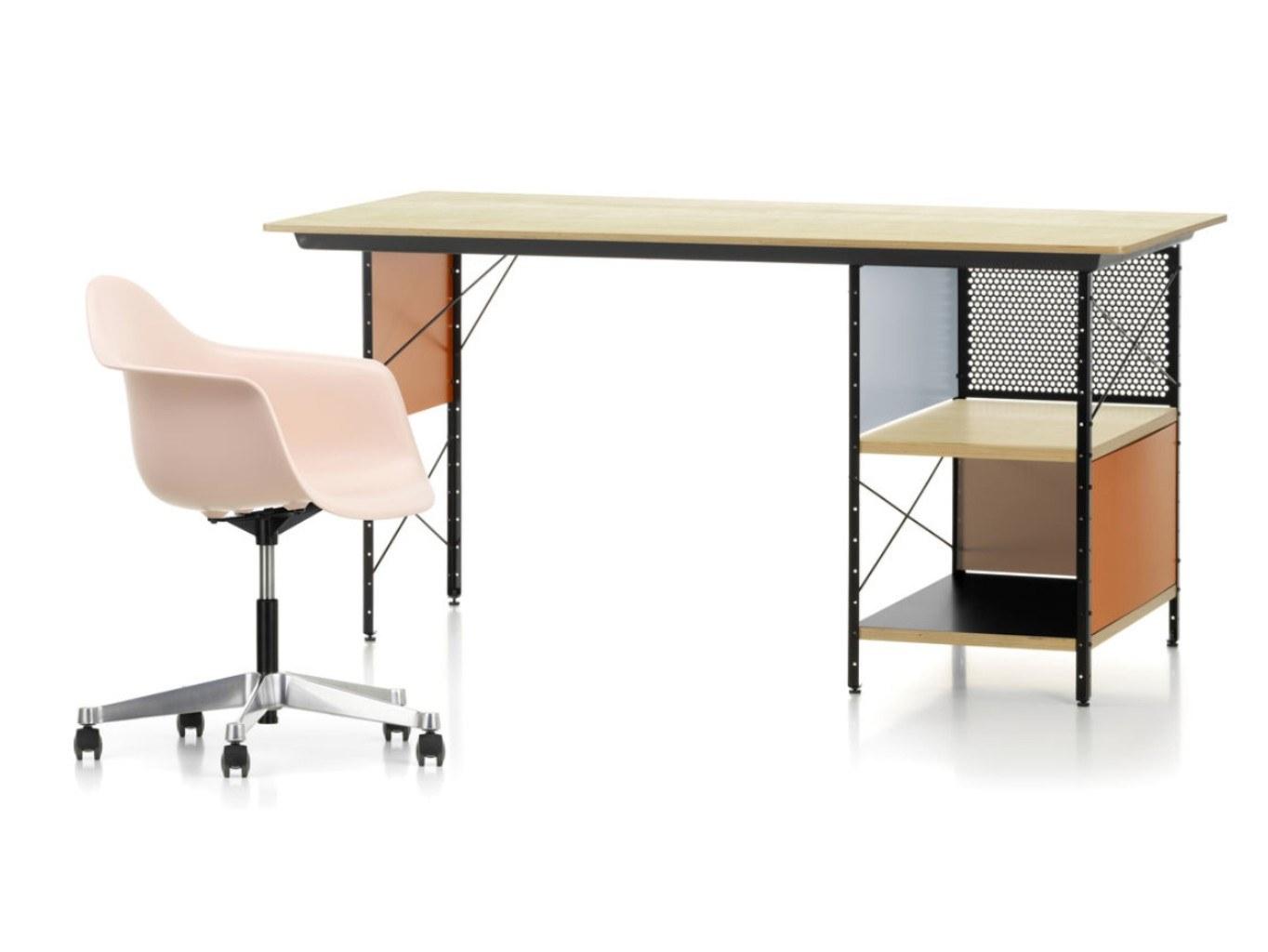 EAMES DESK UNIT EDU Rectangular aluminium and wood writing desk with bookcase