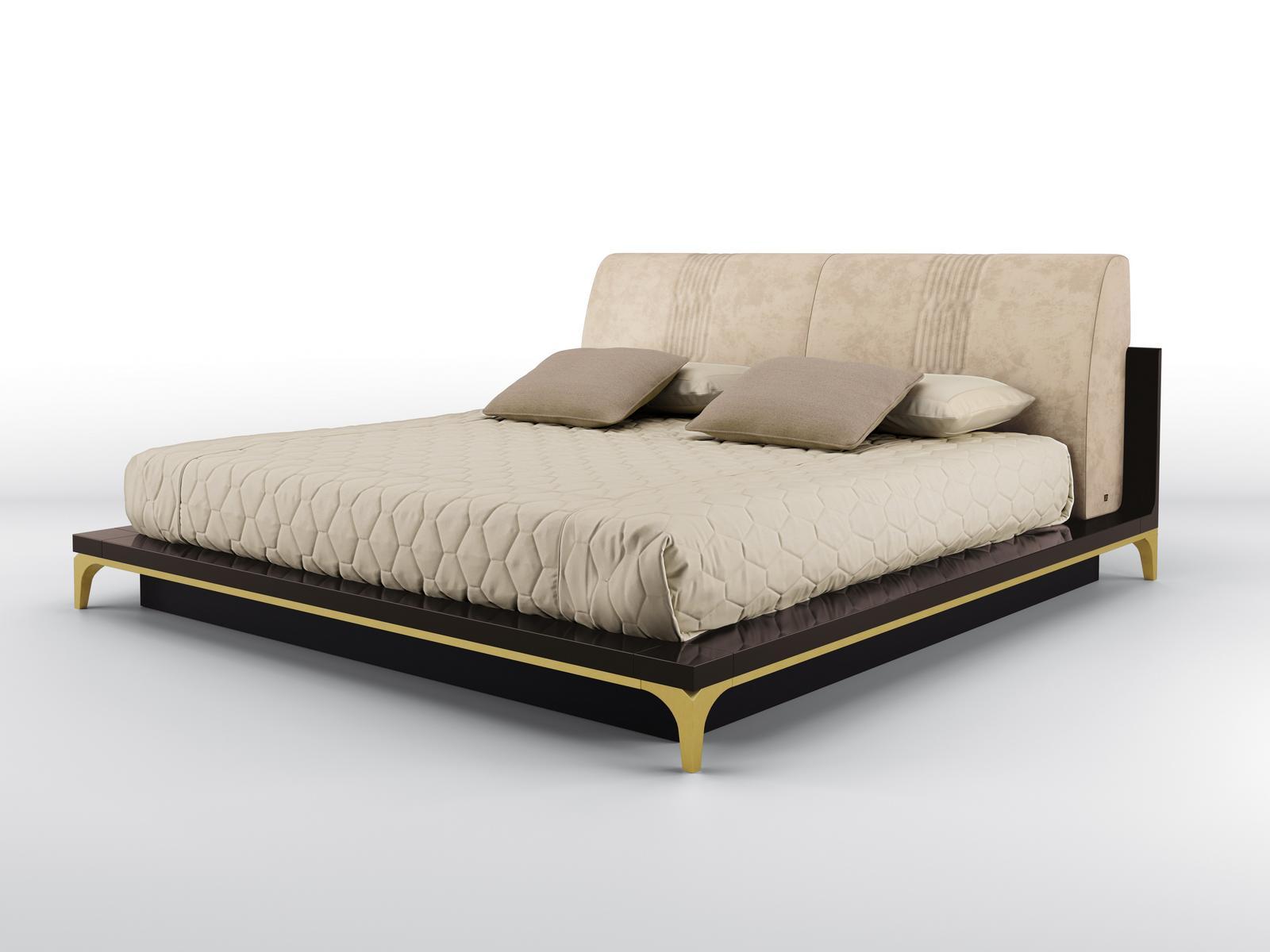 HORIZON Solid wood bed with nabuk upholstered headboard