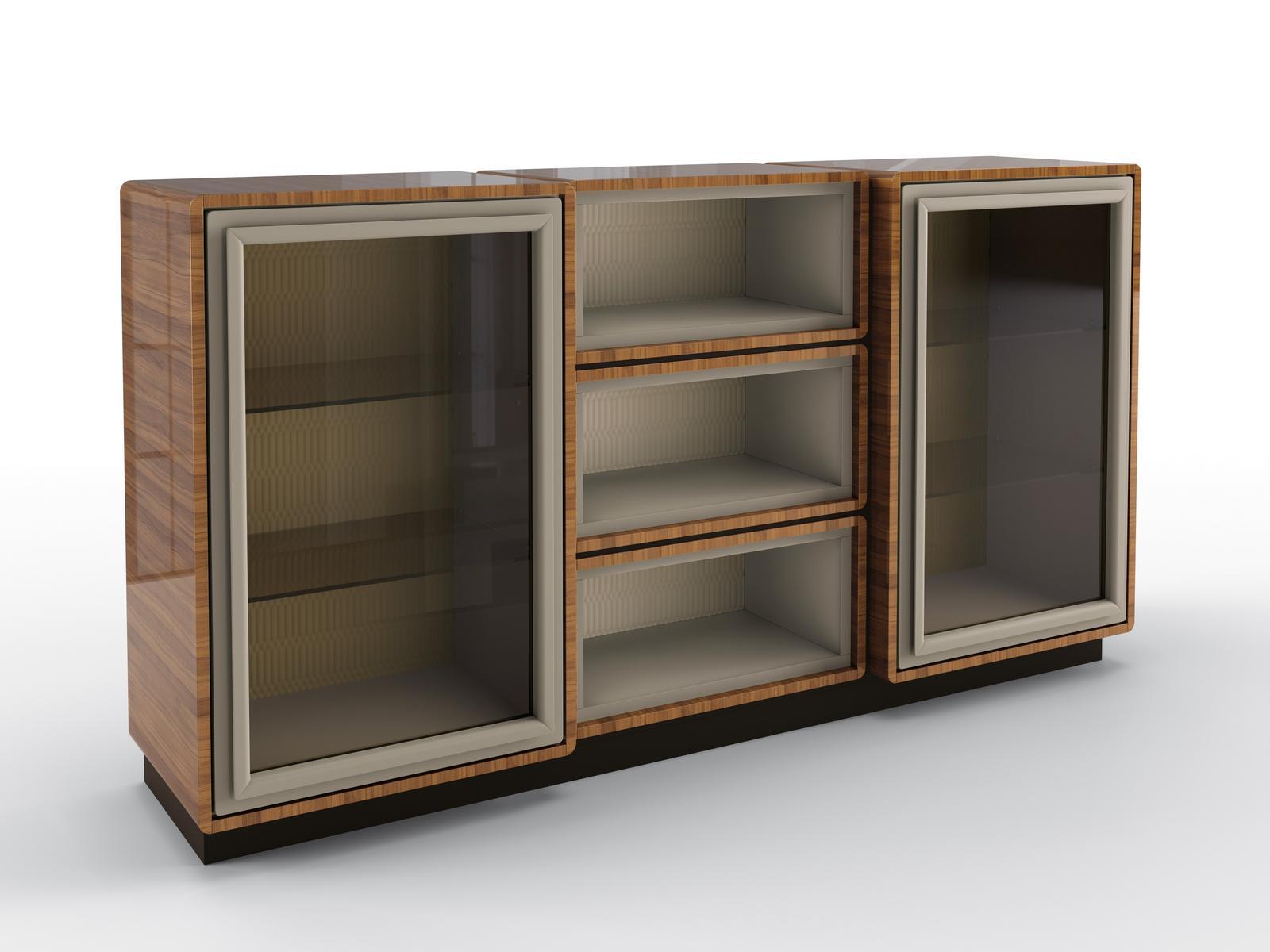 DEDALO Modular sideboard in walnut with glass hinged door