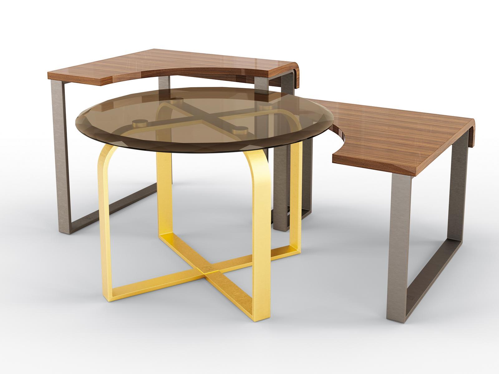 TULIP TRIS Metal coffee table and glass and walnut top