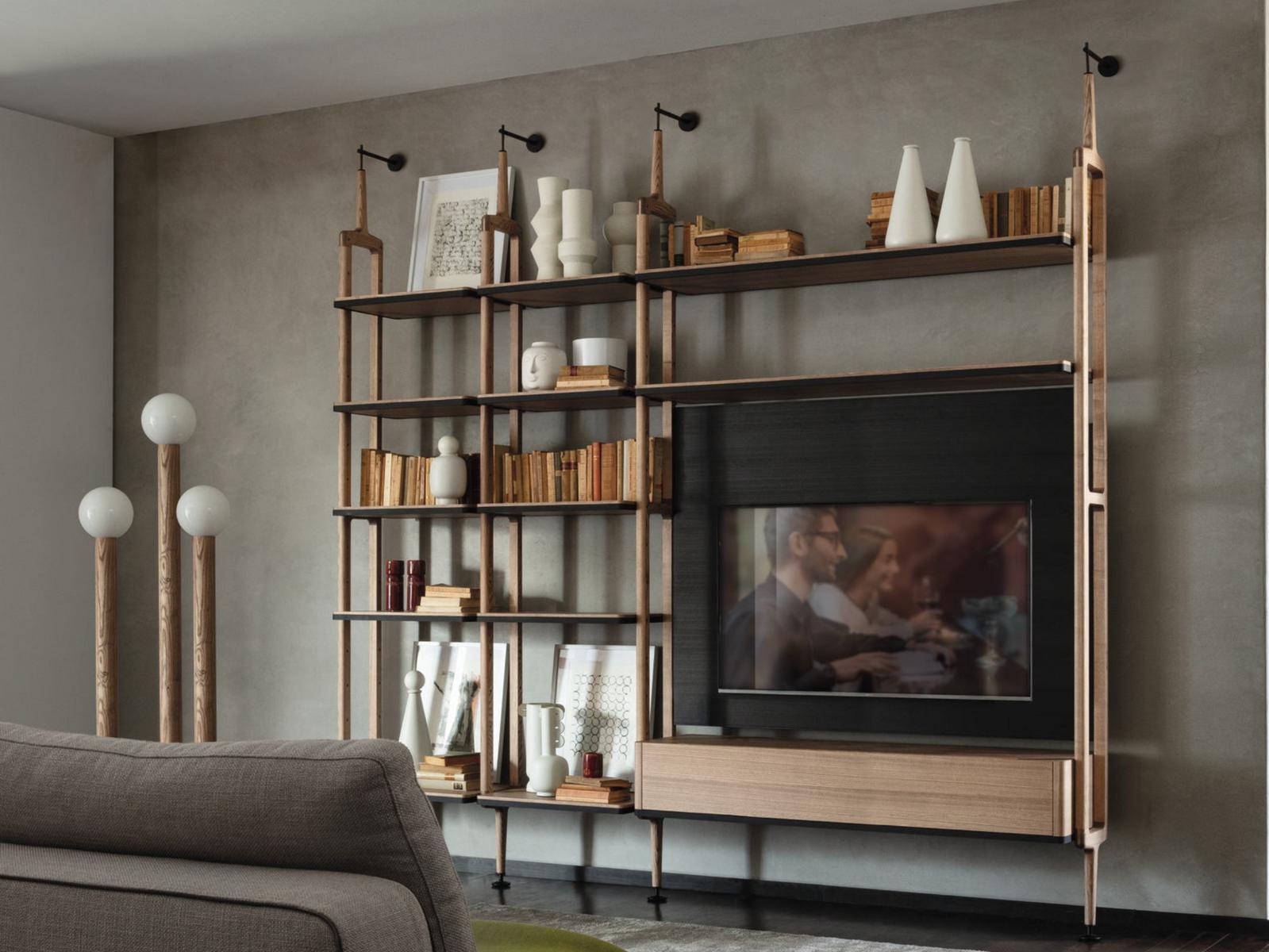 ARIA Wall-mounted ash bookcase with TV stand