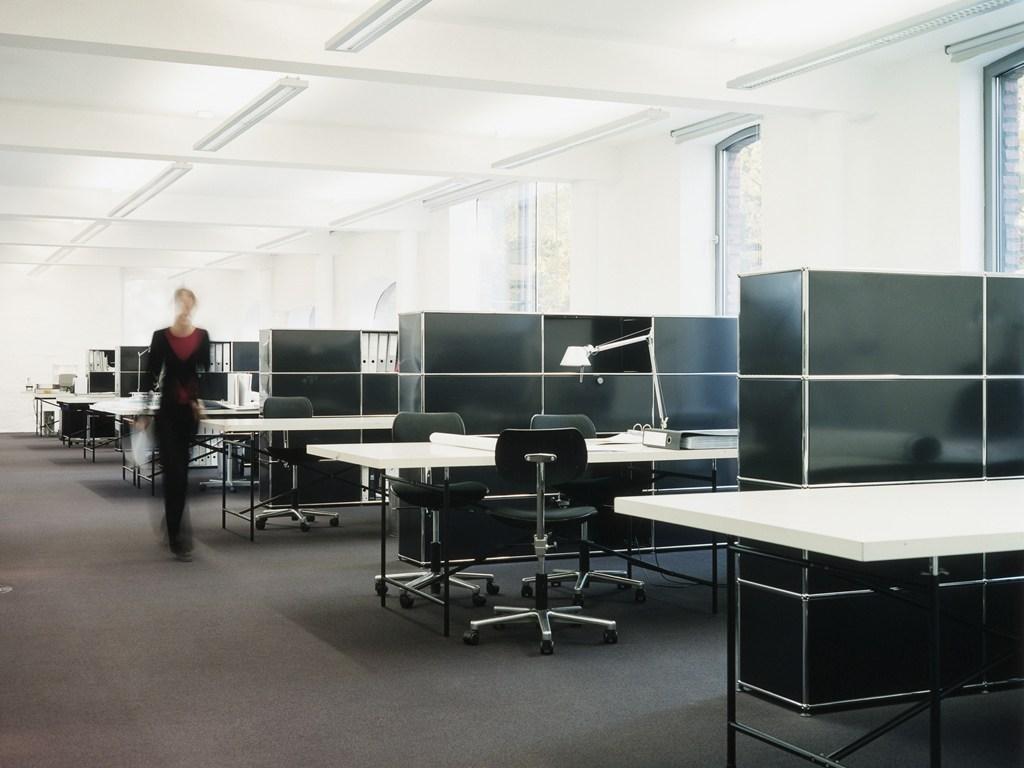 HALLER CREDENZA AS OFFICE STORAGE Low modular metal office storage unit