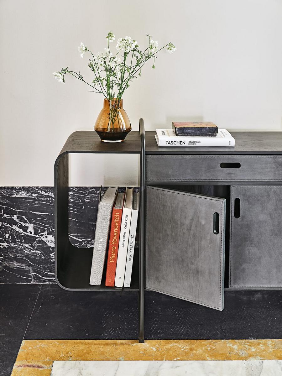 APELLE Sideboard in wood with flap doors covered in leather